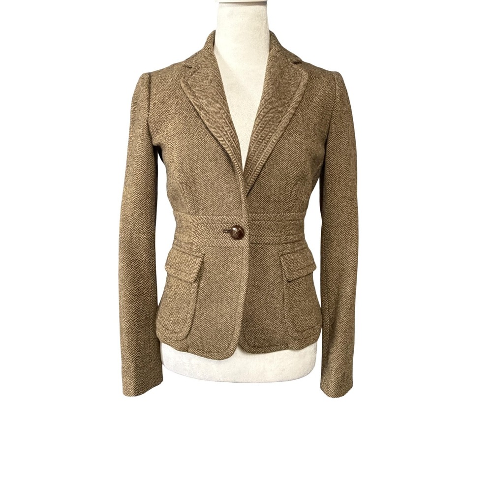 Vintage J.Crew Blazer Jacket Womens 0 Brown Herringbone Tweed Belted Style 70802